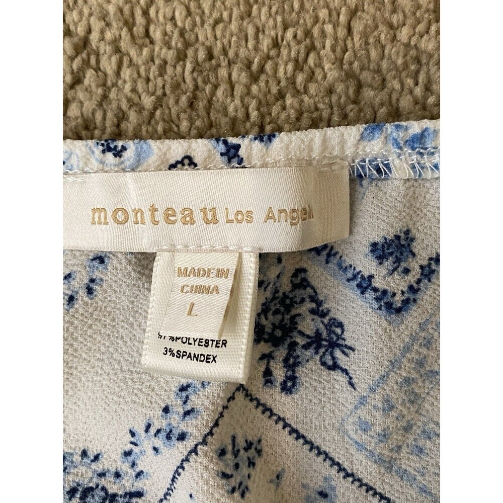 Monteau Los Angeles Blue & White Patchwork Floral Flutter Sleeve Crop Top Size L - Picture 5 of 11